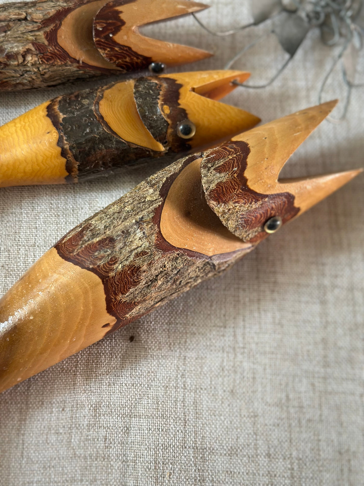 Trio of Hand Carved Wooden Fish