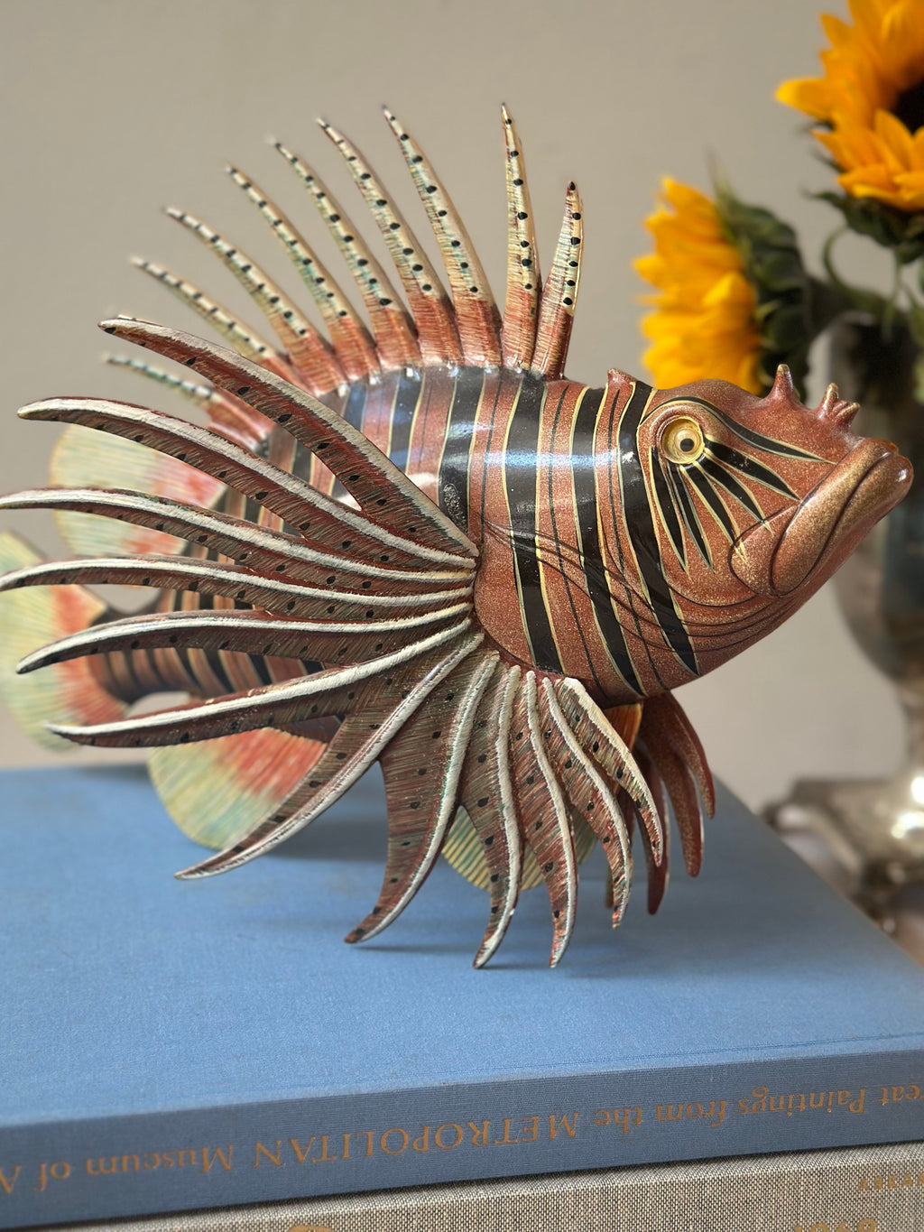 Hand Painted Wooden Lion Fish Sculpture