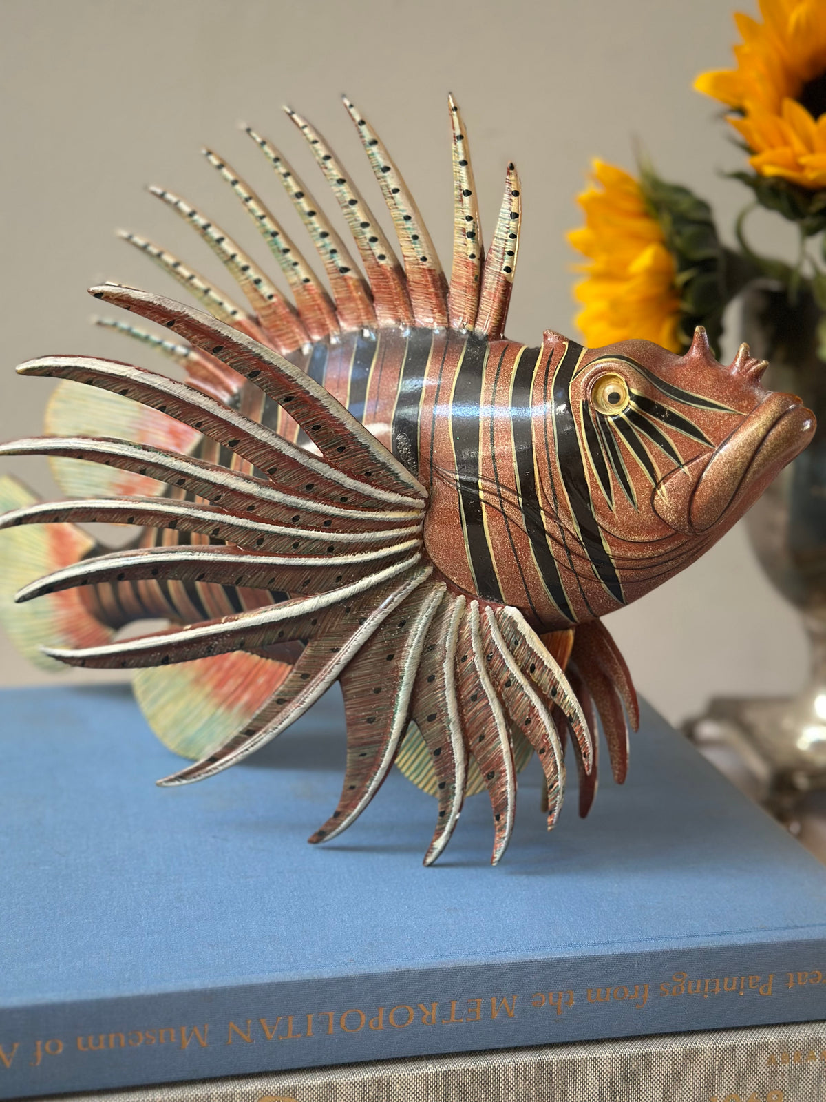 Hand Painted Wooden Lion Fish Sculpture
