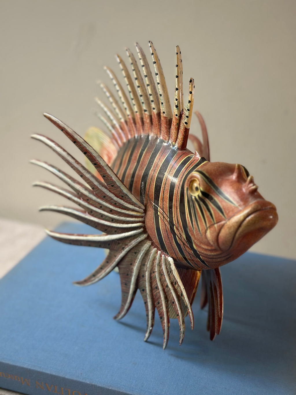 Hand Painted Wooden Lion Fish Sculpture