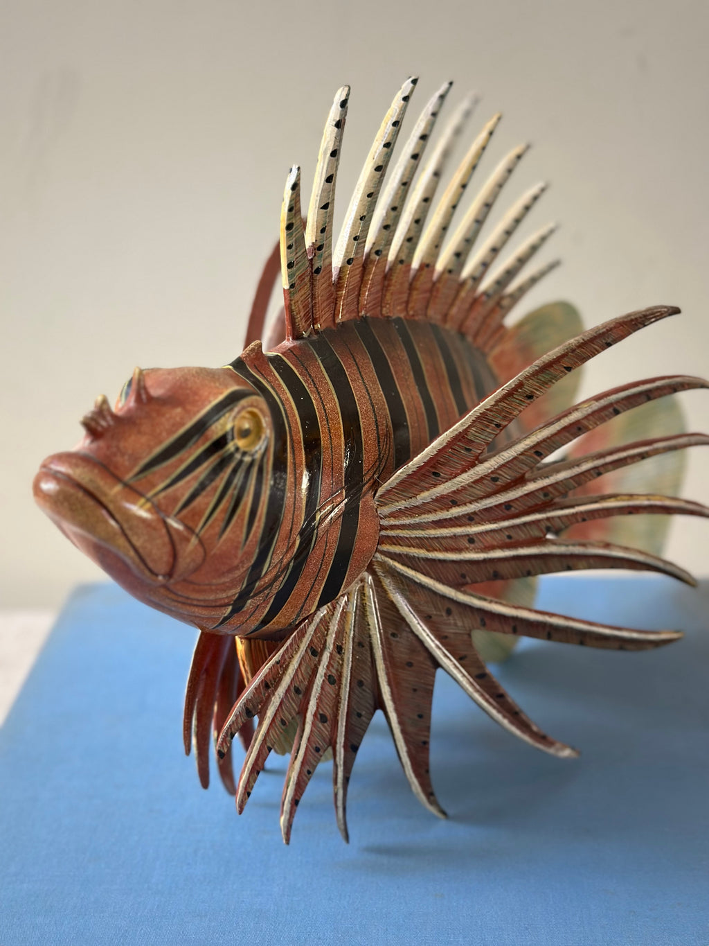 Hand Painted Wooden Lion Fish Sculpture
