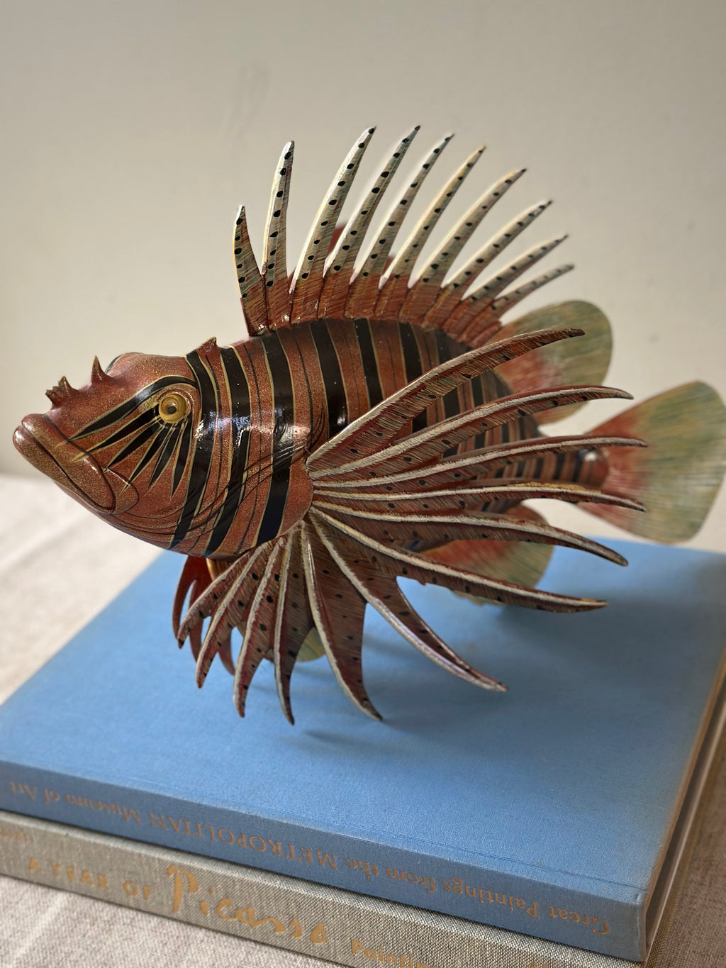 Hand Painted Wooden Lion Fish Sculpture