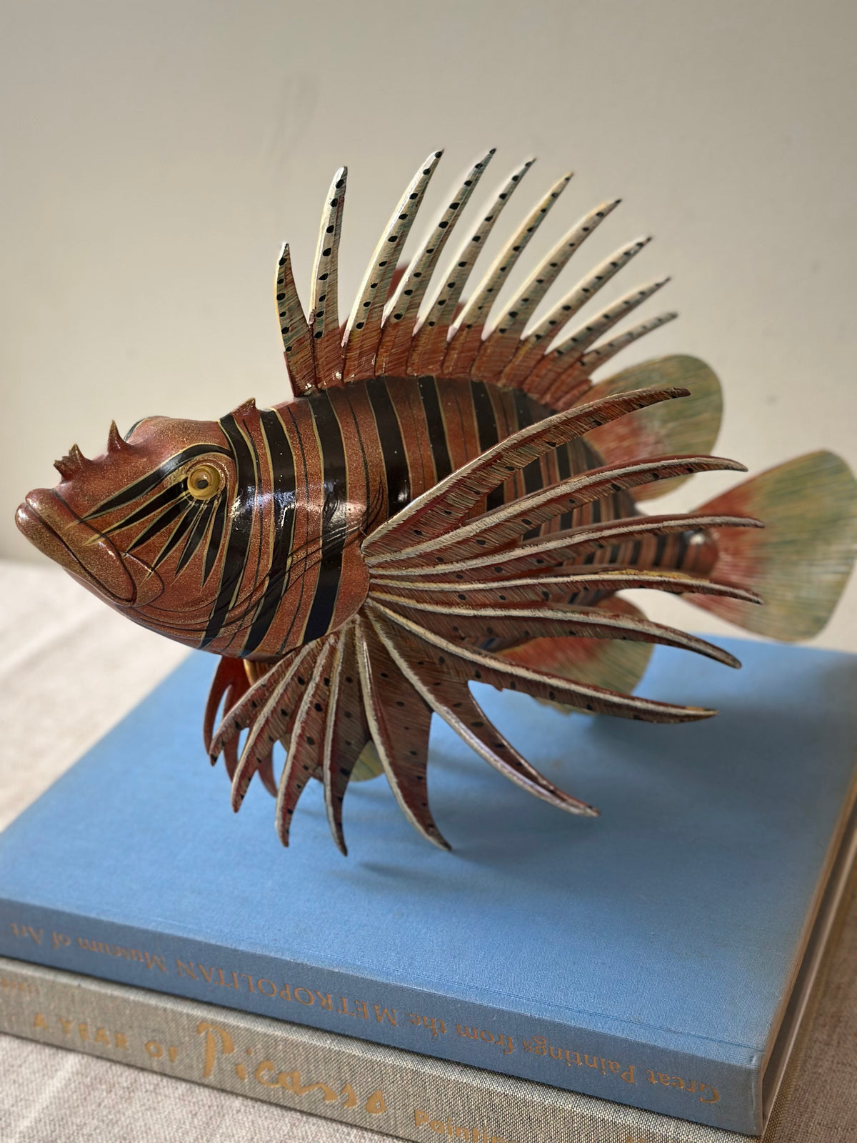 Hand Painted Wooden Lion Fish Sculpture